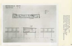 Grundschule Britz, Berlin-Neukölln (Diplomarbeit bei Kurt Dübbers): Grundriss Obergeschoss 1:200, Ansichten von Westen, Osten und Schnitt 1:50