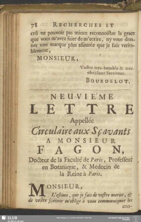 Neuviéme Lettre Appellée Circulaire aux Sçavants A Monsieur Fagon, Docteur de la Faculté de Paris, Professeur en Botanique, & Medecin de la Reine à Paris