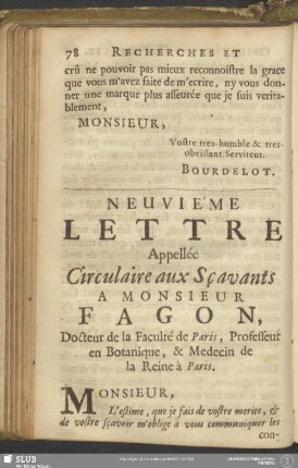 Neuviéme Lettre Appellée Circulaire aux Sçavants A Monsieur Fagon, Docteur de la Faculté de Paris, Professeur en Botanique, & Medecin de la Reine à Paris
