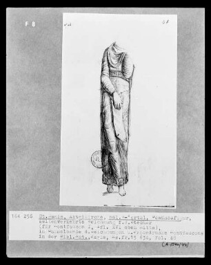 Les monuments de la monarchie française. Sammelband der Zeichnungen und Probedrucke Montfaucons — Saint-Denis, Abteikirche, Gewändefigur des nördlichen Westportals, Seitenverkehrte Zeichnung für den Stecher (für Bd. I, Taf. XVI), Folio fol. 48