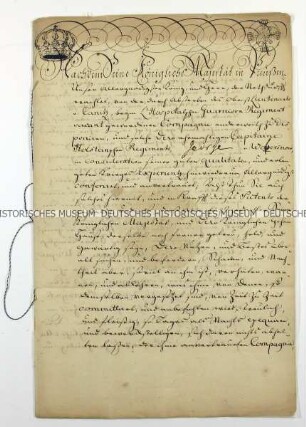 Königliches Patent zur Übertragung der von Ludwig Ernst von Canitz geführten Kompanie im Garnisonregiment No. I an den Hauptmann Georg Joachim von Wopersnow