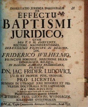 Dissertatio Juridica Inauguralis De Effectu Baptismi Juridico