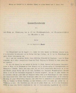 Commissionsbericht über das Gesetz zur Abänderung des §. 67 der Verfassungsurkunde, die verantwortlichkeit der Minister etc. betr.