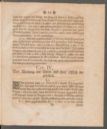 Cap. IV. Von Theilung der Linien und zwar erstlich der geraden