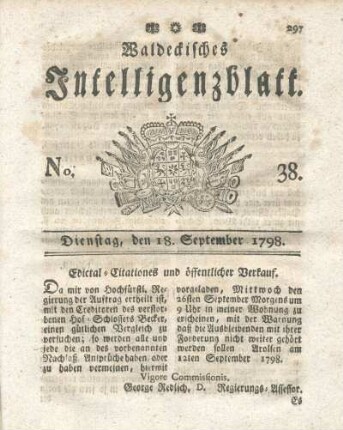 No. 38, Dienstag, den 18. September 1798