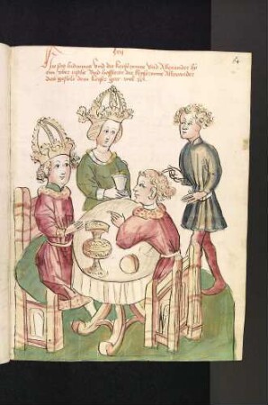 Die Geschichte von zwei Freunden (Vaticinium/ Amici): Kaiser Ludwig, die Kaiserin Florentina und Alexander bei Tisch
