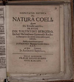 Disputatio Physica De Natura Coeli