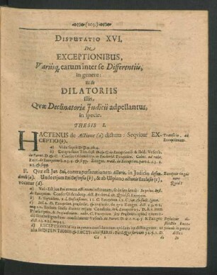 Disputatio XVI. De Excepionibus, variisque earum inter se Differentiis ...