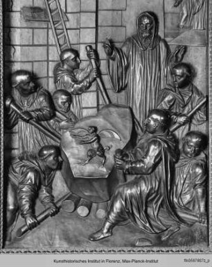 Chorgestühl mit Szenen aus dem Leben des heiligen Benedikt : Der heilige Benedikt exorziert den Teufel aus einem Stein