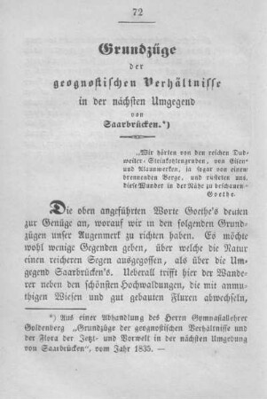 Grundzüge der geognostischen Verhältnisse in der nächsten Umgegend von Saarbrücken.