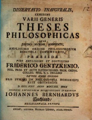 Dissertatio Inavgvralis Exhibens Varii Generis Theses Philosophicas