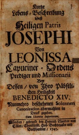 Kurze Lebensbeschreibung des heiligen Josephi von Leonissa