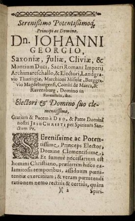 Serenißimo Potentißimoq, Principi ac Domino Dn. Johanni Georgio [...]