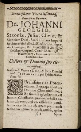 Serenißimo Potentißimoq, Principi ac Domino Dn. Johanni Georgio [...]