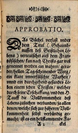 Geheimbnussen deß Geistlichen Lebens : Welche einer Andächtigen Novitz-Person von ihrem Geistl: Vatter (vermuthlich von dem H. Francisco Salesio) geoffenbahret worden
