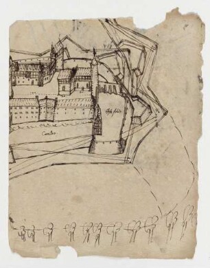 Plesse, Burg mit Befestigung von Norden (recto) und Nordosten (verso)
