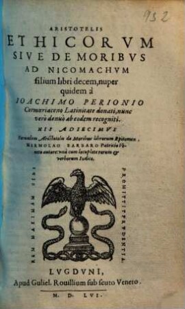 Aristotelis Ethicorvm Sive De Moribvs Ad Nicomachvm filium libri decem