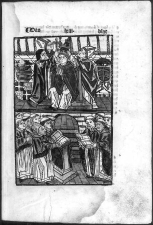 Weihe von Papst Martin V. und Empfang der Papstkrone am 21. November 1417 : Concilium Constantiense. Chronik des Ulrich von Richental. Augsburg: A. Sorg, 1483; Blatt 63r: Weihe von Papst Martin V. und Empfang der Papstkrone. Holzschnitt, koloriert; Dresden: SLUB Ink.60