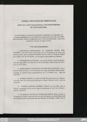 Aperçu Des Sources Orientales Dont On A Fait Usage Pour La Seconde Période De Cette Histoire.