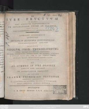 De Ivre Frvctvvm In Primis Post Avgvstvm Matvrescentivm In Separatione Feodi Ab Allodio Secvndvm Ivra Longobardica Et Meclenbvrgica : Libellvs Academicvs