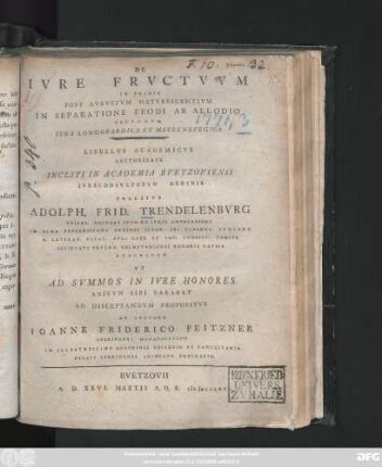De Ivre Frvctvvm In Primis Post Avgvstvm Matvrescentivm In Separatione Feodi Ab Allodio Secvndvm Ivra Longobardica Et Meclenbvrgica : Libellvs Academicvs