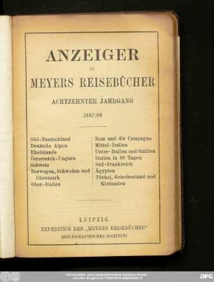 Anzeiger zu Meyers Reisebücher Achtzehnter Jahrgang 1887/88