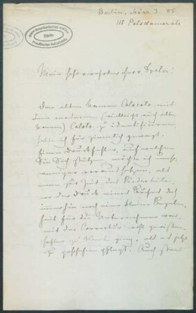 03. März 1885, Berlin [Brief von Alphons Stübel an Max Uhle]