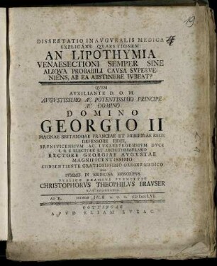 Dissertatio Inauguralis Medica Explicans Quaestionem: An Lipothymia Venaesectioni Semper Sine Aliqua Probabili Causa Superveniens, Ab Ea Abstinere Iubeat?
