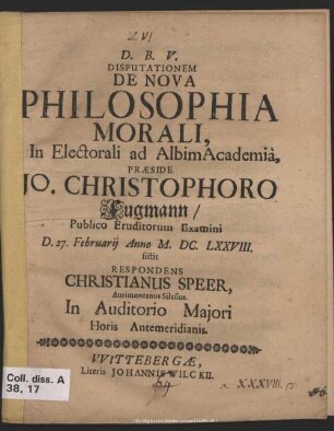 Disputationem De Nova Philosophia Morali