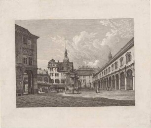 Der Stallhof mit dem Kanzleihaus, dem Georgenbau und dem Langen Gang am Residenzschloss in Dresden, mit Pferden