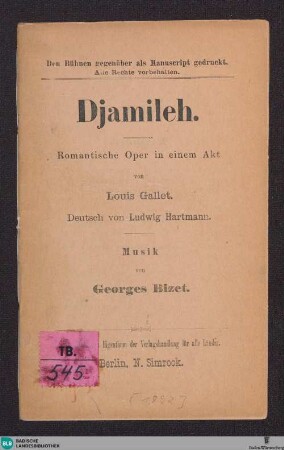 Djamileh : romantische Oper in 1 Act