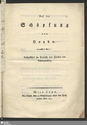 Auf die Schöpfung von Haydn. [Druck]. Wien, 1798