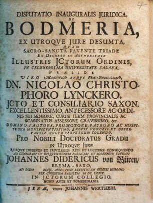 Disputatio inauguralis iuridica de bodmeria : ex utroque iure desumta