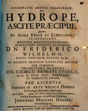 Dissertatio Medica Inauguralis, De Hydrope, Ascite Praecipue