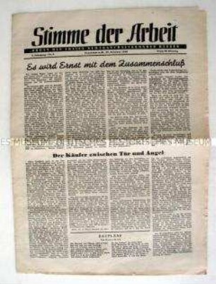 Halbmonatszeitung der Freien Gewerkschaftsbundes Hessen "Stimme der Arbeit" u.a. zum Neuaufbau der Gewerkschaften und des Gewerkschaftsbundes