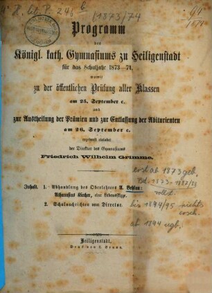 Programm des Königl. Kath. Gymnasiums zu Heiligenstadt : für das Jahr ..., 1873/74