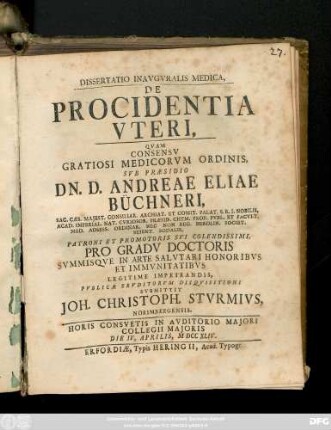 Dissertatio Inavgvralis De Procidentia Vteri
