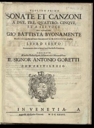 Giovanni Battista  Sonate et canzoni a due, tre, quattro, cinque, et a sei voci. Violino primo