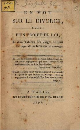 Un mot sur le divorce suivi d'un projet de loi