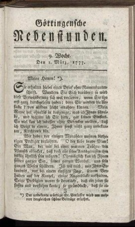 9. Woche. Den 1. März, 1777