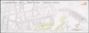 Bahnhofsbereich Potsdam Schinkelwettbewerb 1993: Lageplan 1:1000, Axonometrie, schematischer Plan