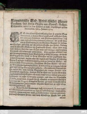 Unparteyische End-Urteil etzlicher seiner Excellentz, des Herrn Grafen von Sporck, Rechts-Beschwerden, welche an dem Clösterl zu Lyssa angeschlagen gefunden worden, den 9. Jenner, 1721