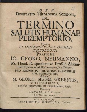 Disputatio Theologica Solennis, De Termino Salutis Humanae Peremptorio