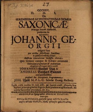 De serenissimae ac potentissimae domus Saxonicae Principp. Ducibb. Electoribb. praesertim iis qui nomine Johannis Georgii insigniti sunt