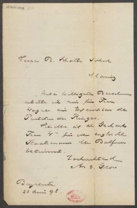 Brief an B. Schott's Söhne : 28.06.1898