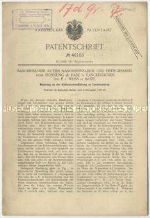 Patentschrift einer Neuerung an der Kühlwasserzuführung zu Kondensatoren, Patent-Nr. 40160