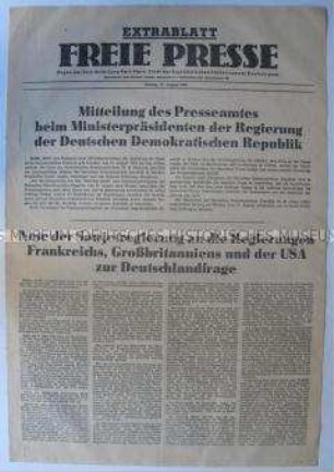 Extrablatt der regionalen Tageszeitung der SED "Freie Presse" zur Note der Regierung der UdSSR an die Westmächte zur Deutschlandfrage