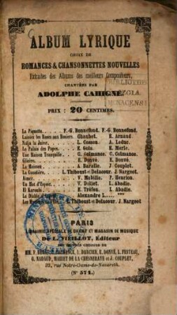Album lyrique : Choix de romances et chansonettes nouvelles
