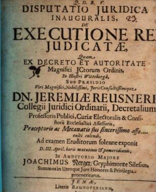Disputatio Juridica Inauguralis, De Executione Rei Judicatæ