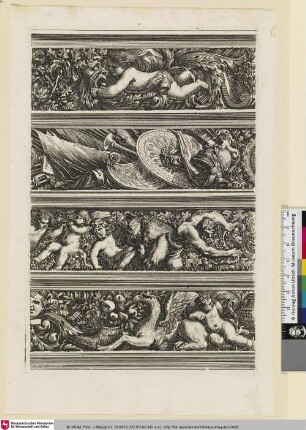 [Vier Entwürfe für Friese mit Putto mit Satyrmaske, Waffen, einem Bacchanal mit Satyr und einem Greif mit Füllhorn; Sur la frise du haut, un enfant couché tenant un masque de satyre au milieu de rinceaux]